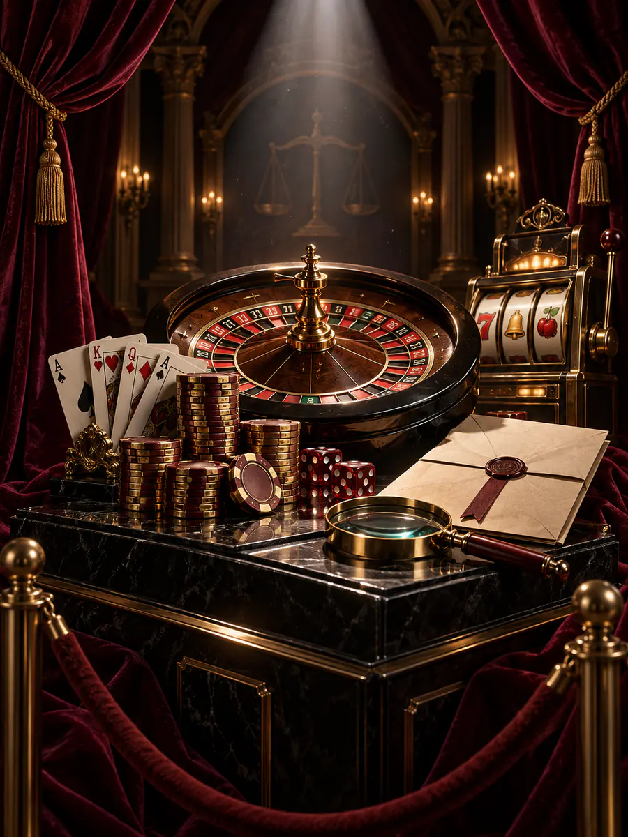 Casino claims theatre with roulette wheel, slot machine, cards, dice and gaming chips under a spotlight